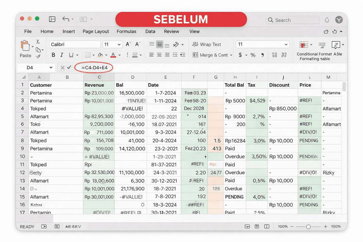 Excel sebelum kursus - data berantakan dengan banyak error
