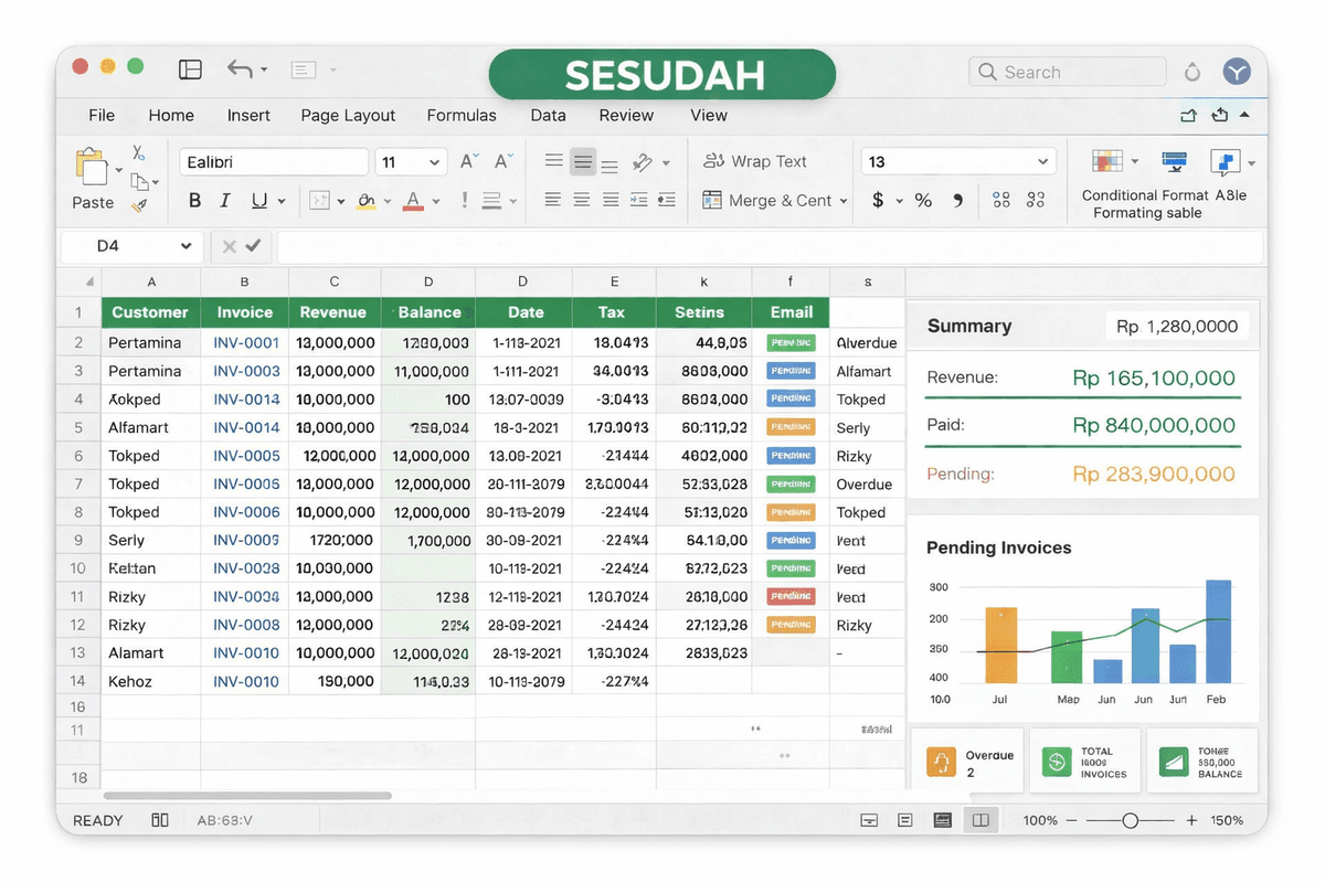 Excel sesudah kursus - dashboard rapi dengan chart dan summary